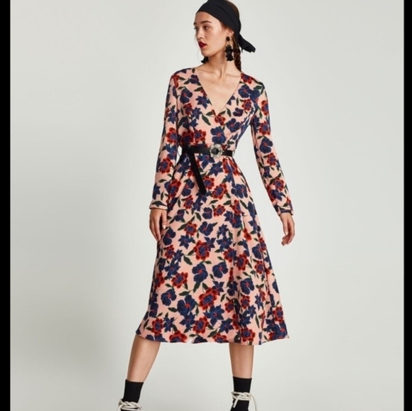 NEW ZARA Trafaluc Collection Floral Flower Print Belted Midi Dress Small - Picture 1 of 8